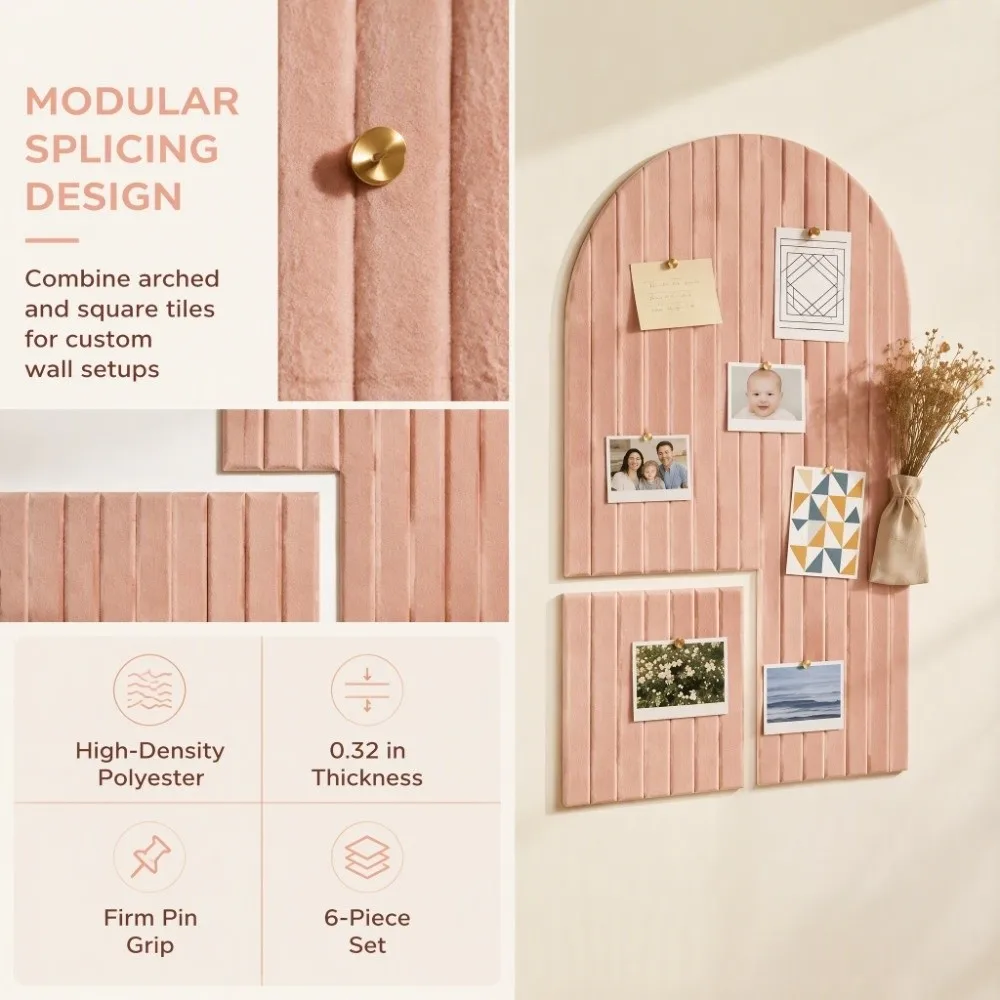 6 Pack 23.6x35.4in Felt Bulletin Board Pink Residue-Free Adhesive Arched Notice Board Noise Reducing Photo Display Board