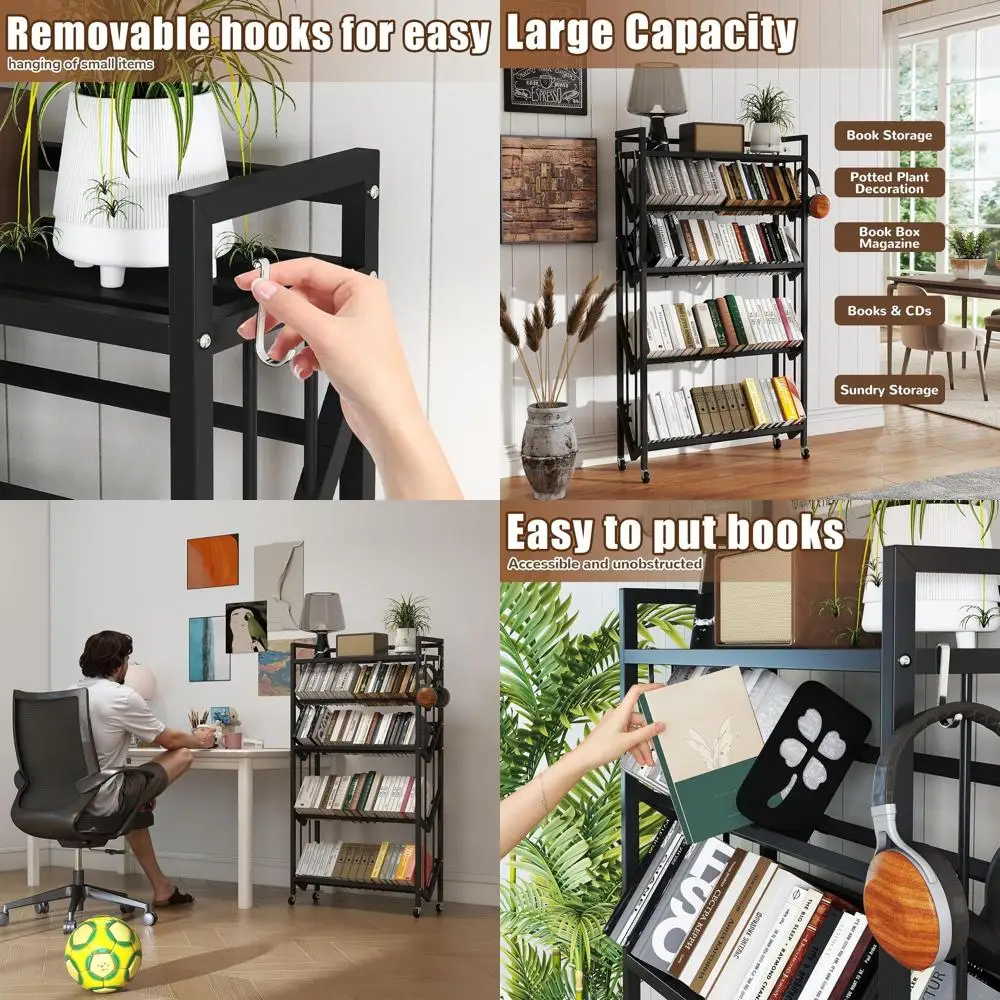 

5-уровневая книжная тележка на колесиках, 57,7x35,5x10, большое хранилище, мобильная книжная полка для дома, офиса, класса (черный)