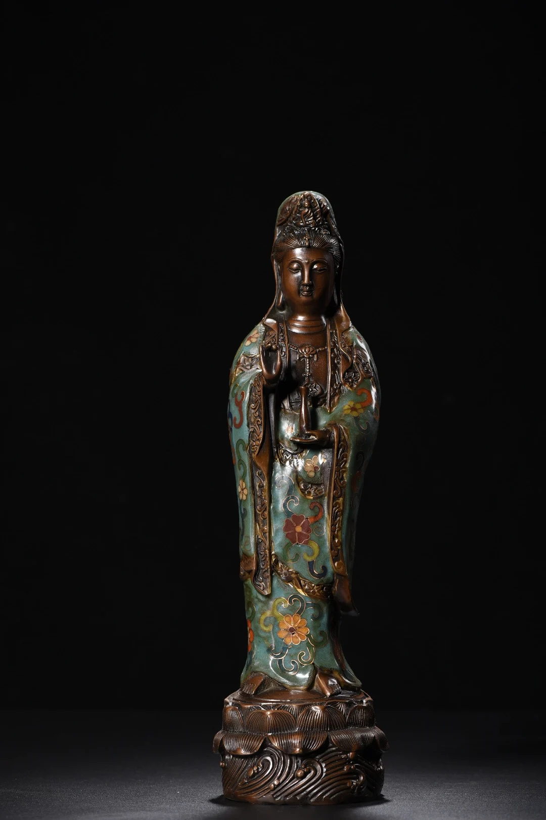 

13"Old Nepalese temples Old Bronze Cloisonne Enamel Flower Texture Guanyin Bodhisattva Station Buddha Lotus Terrace Amitabha