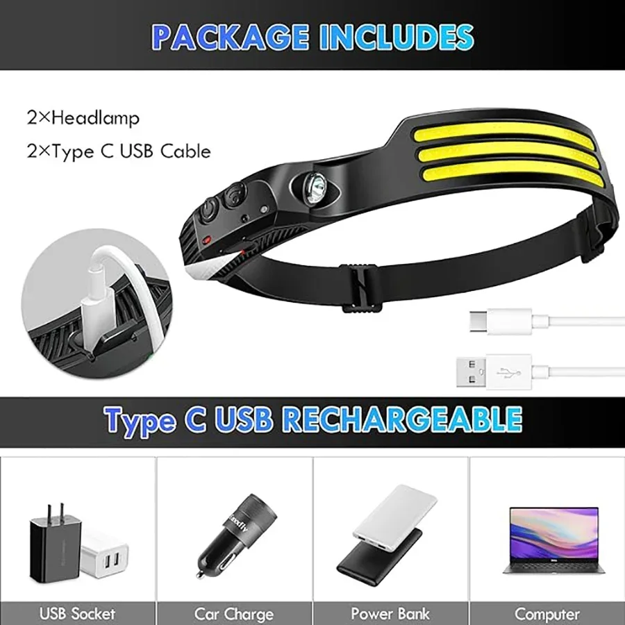 COB LED الاستشعار كشافات USB مصباح يدوي قابل لإعادة الشحن المدمج في بطارية 1200 MAh 5 طرق الإضاءة الشعلة فانوس التخييم في الهواء الطلق