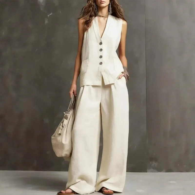 

New Cross-border Women's Clothing From Europe and America Sleeveless Vest Wide-leg Pants Cotton and Linen Two-piece Set Fashion