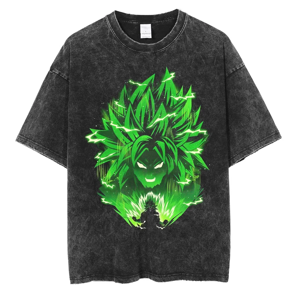 2026 New Dragon Ball Broly Super Saiyan Green Flame Nostalgic Washed Men T-Shirt Cotton Men's and Women's Summer Top