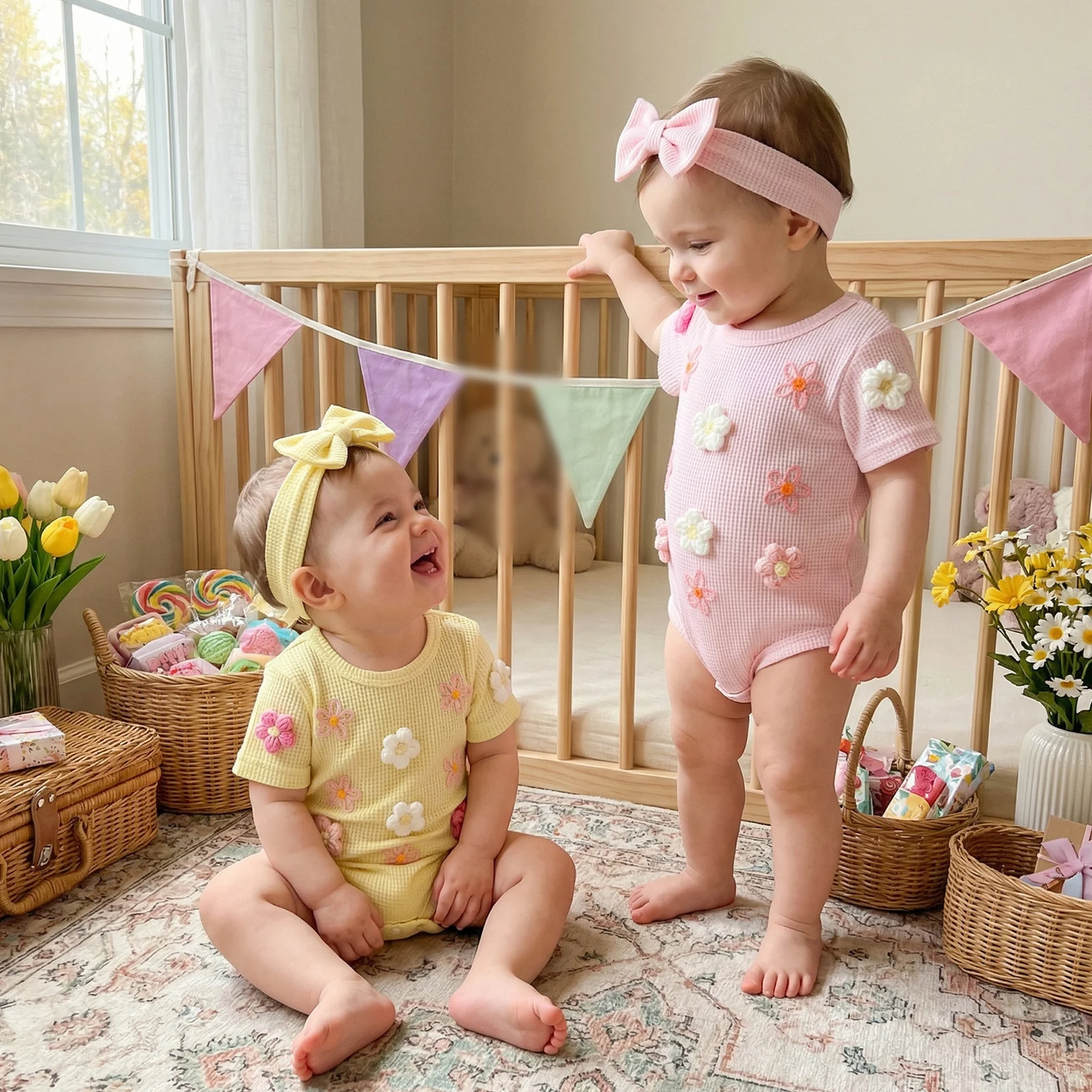 FOCUSNORM 3 Colors Lovely Baby Girls Boys Summer Waffle Romper Short Sleeve Round Neck Floral Embroidery Jumpsuits Bow Headband