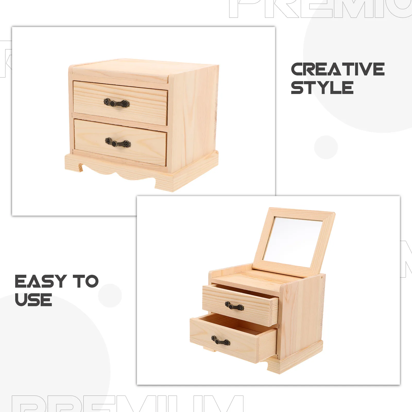 Wooden Jewelry Box Mirror 2 Tier Drawer Organizer Necklace Ring Bracelet Earrings Rustic Dresser Vanity Trinket Case Gifts
