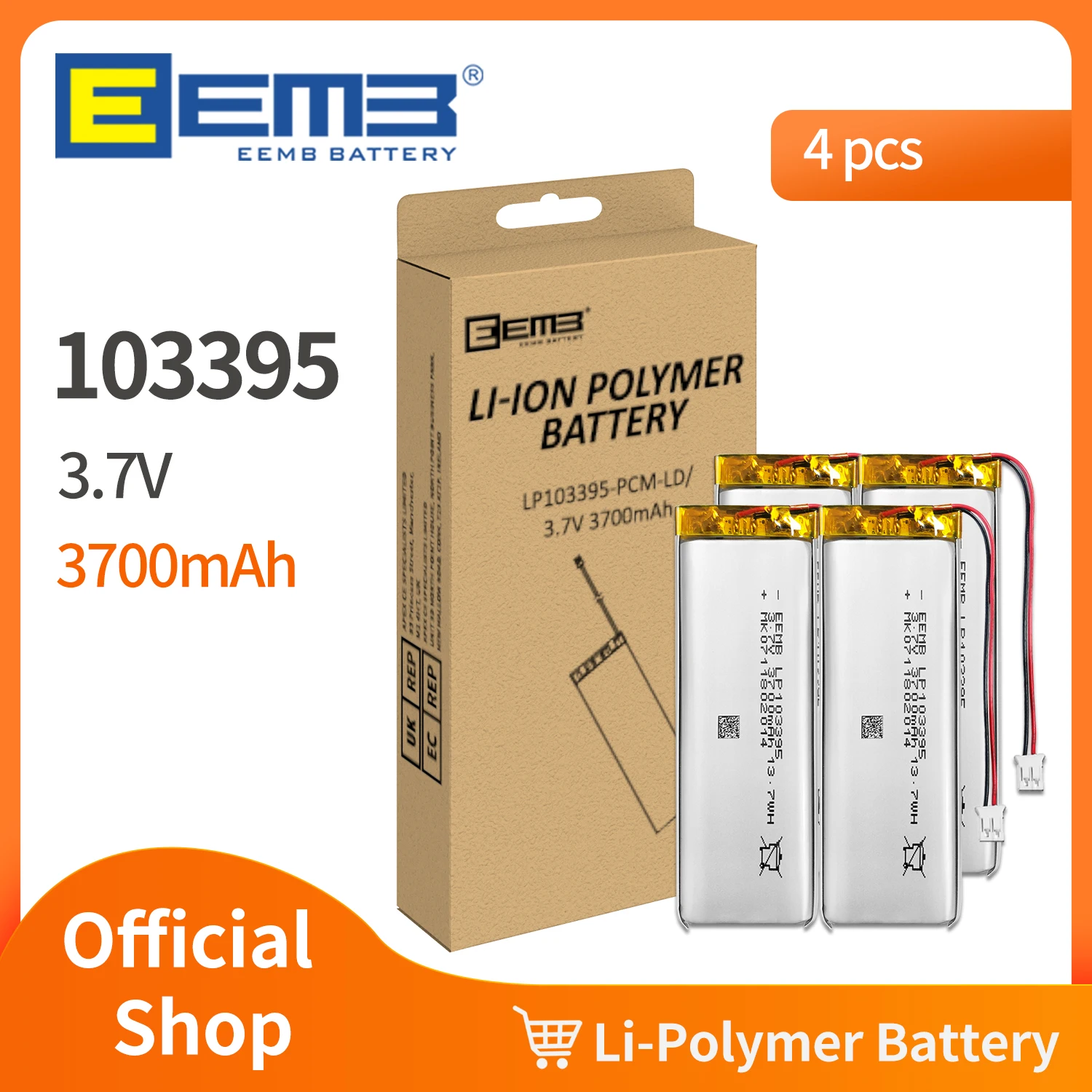 

EEMB 4pack Rechargeable 3.7V Battery 3700mAh 103395 Lithium Polymer Batteries Lipo Battery for Camera Keyboard Mouse Speaker