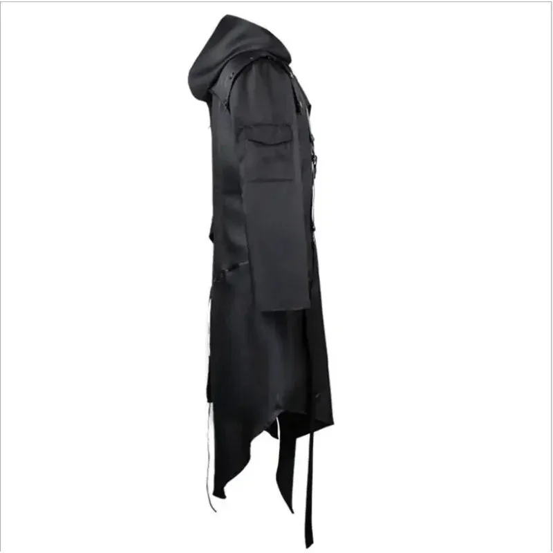 Medieval Men Gothic Irregular Hooded Hip Hop Trench Coat Steampunk Long Black Design Overcoat Assassin Cosplay Costu