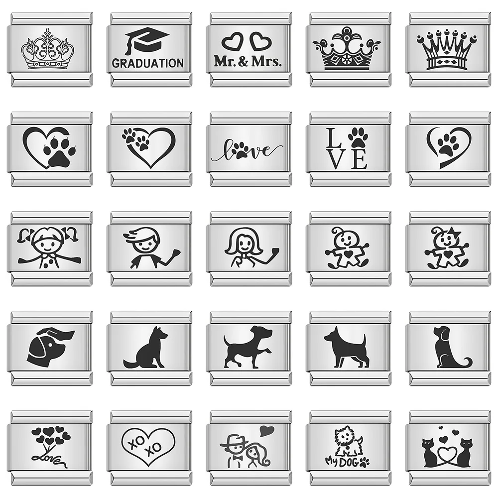 Fashion Cat Dog Boy Girls Heart Crown Italian Links Charm Fit 9mm Stainless Steel Bracelet Jewelry DIY Making Hand Chain Bangle