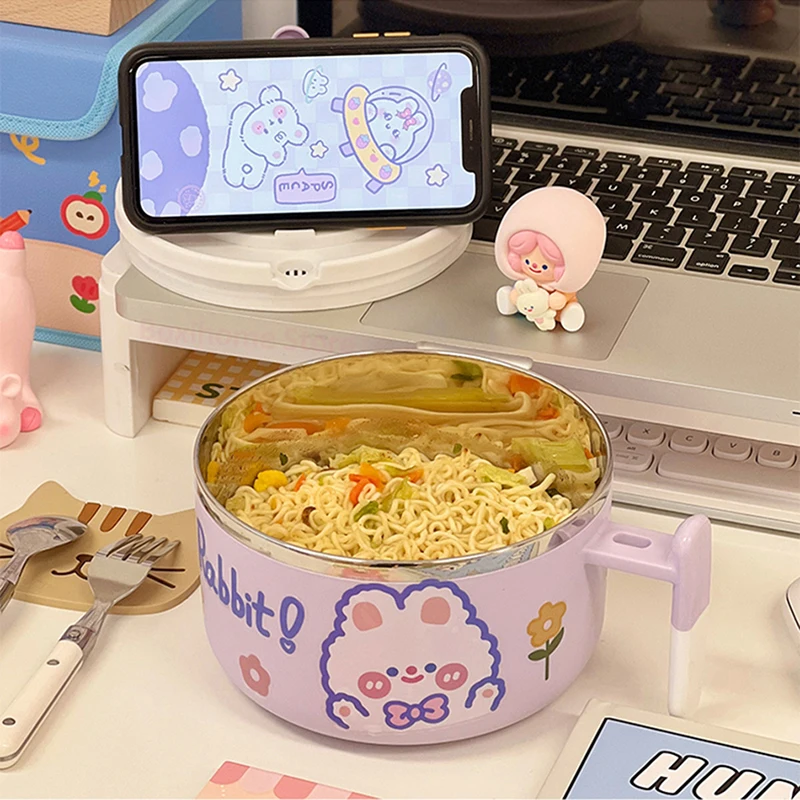 Cute Stainless Steel Instant Noodle Bowl With Handle For Office Workers Bento Box Portable Student Lunch Box Kitchen Tableware