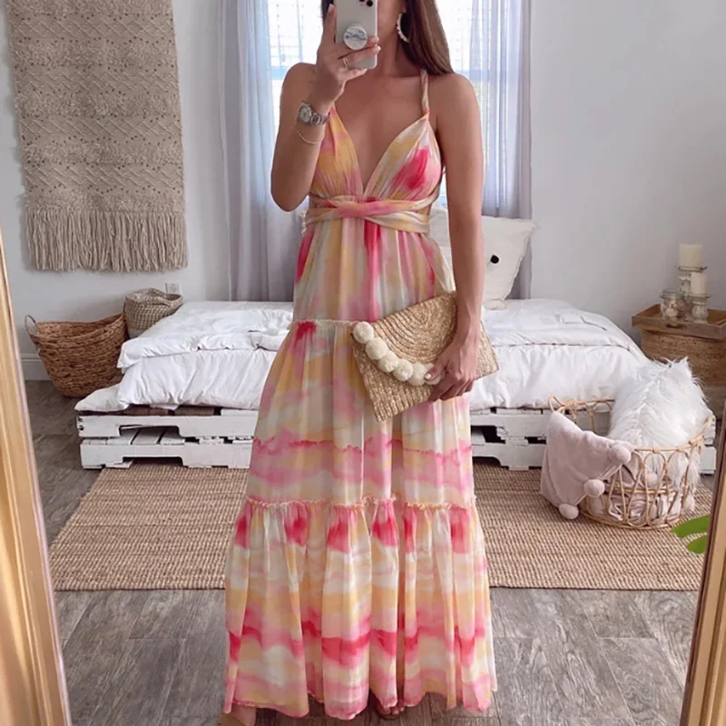 

LIBIELIY 2025 Elegant Deep V-neck Chiffon Sling Dress Women Sexy Backless Lace Up Bohemian Long Dress Fashion Printed Pleated P