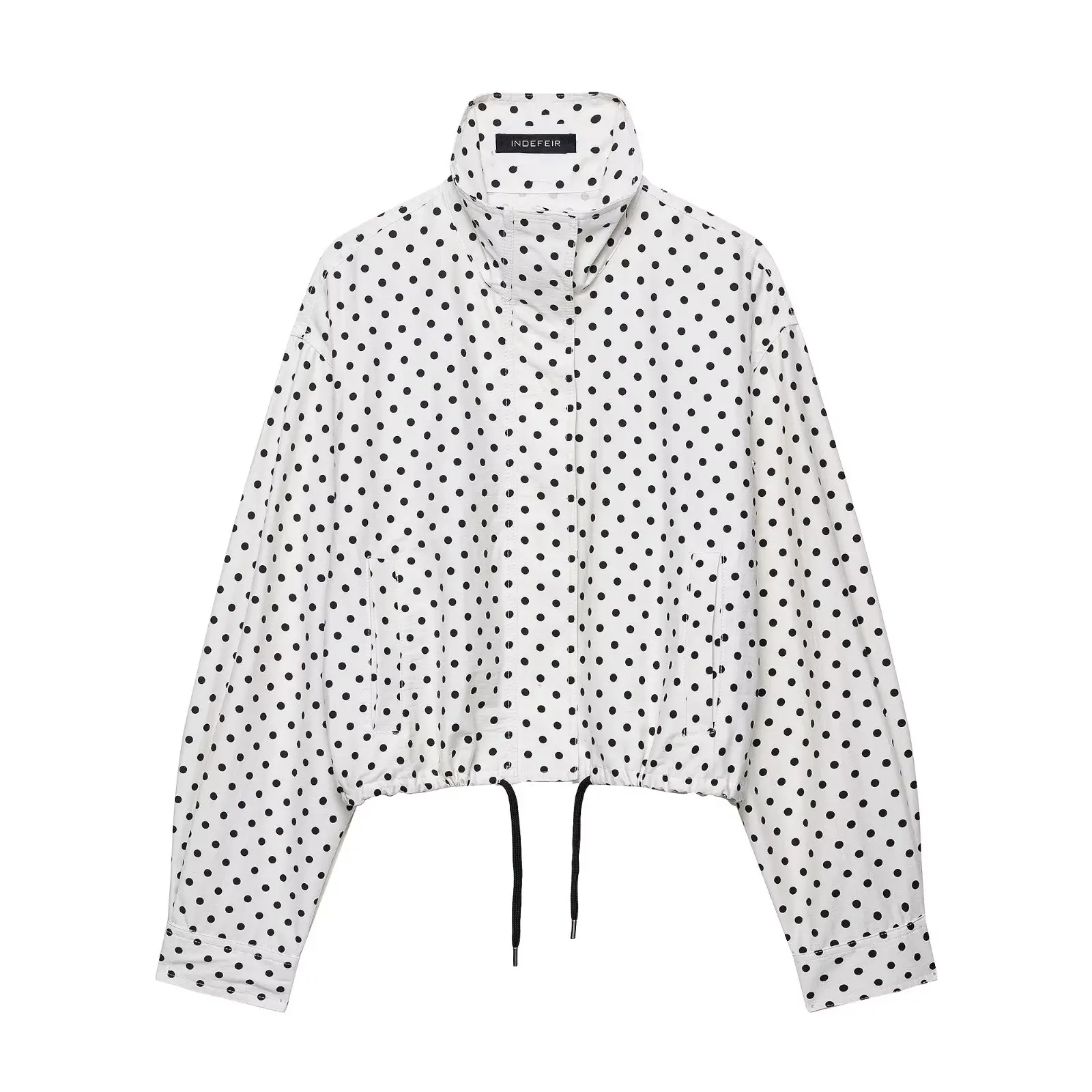 

Zipper Full Sleeve Short Polka Dot Printing Thin Jackets Women Casual Stand Neck Slim Fit Coat Lady 2025 New Highstreet Outwear