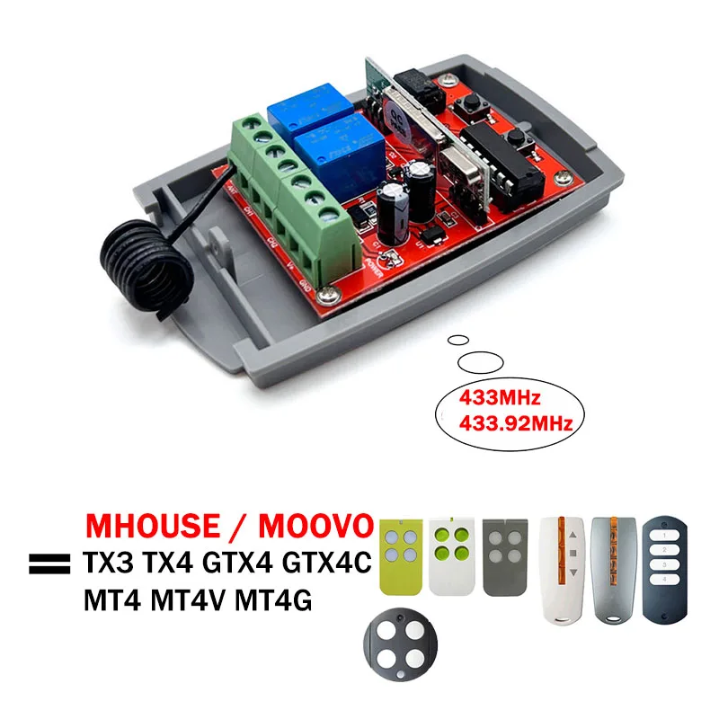 

MHOUSE MOOVO Receiver For TX3 TX4 GTX4 GTX4C MT4 MT4V MT4G Garage Door Opener Remote Control 433.92MHz Receiver Switch 12V-24V