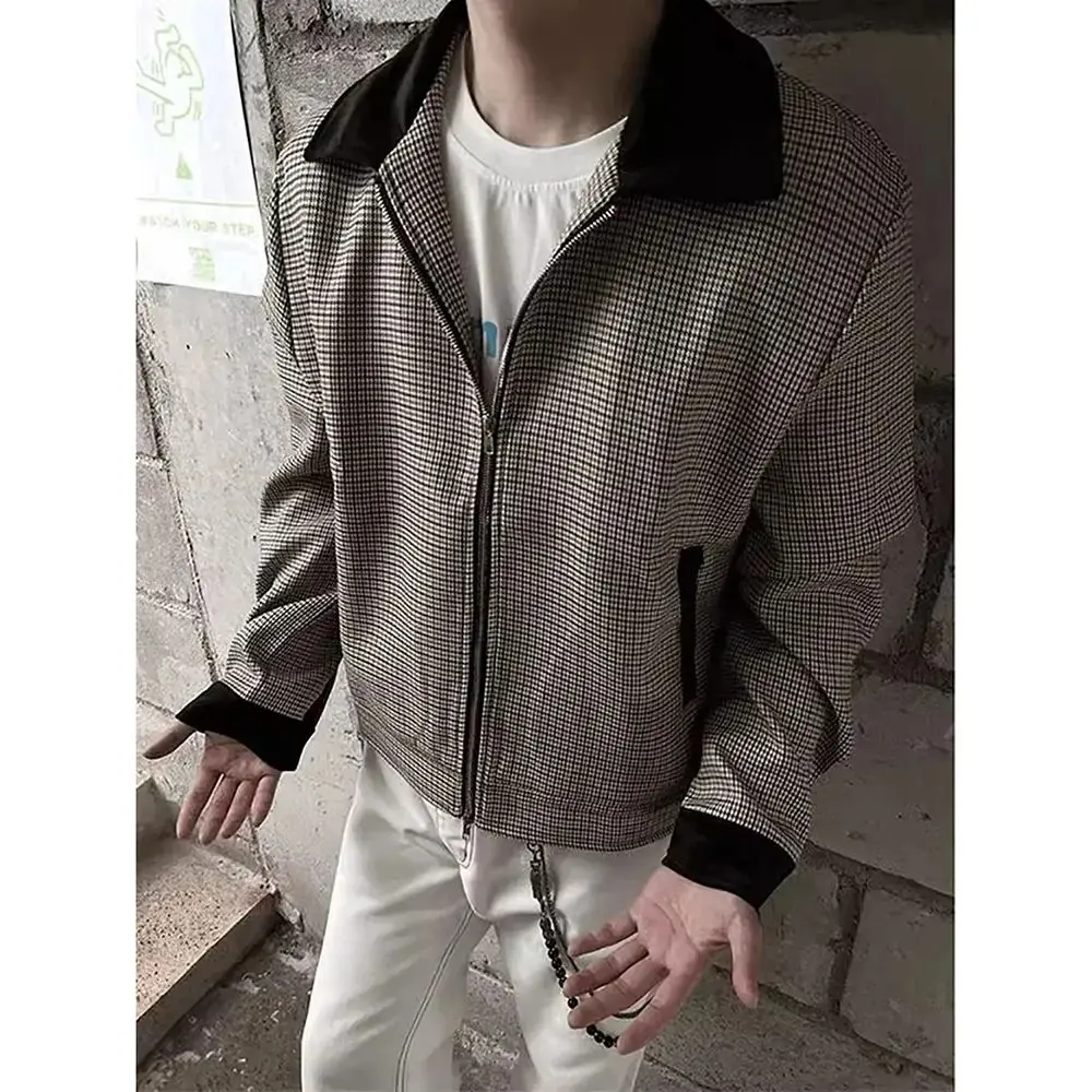 

American Retro Color-blocked Houndstooth Short Coat Men Trendy Spring Autumn Y2K High End Handsome Small Fragrant Apel Jacket