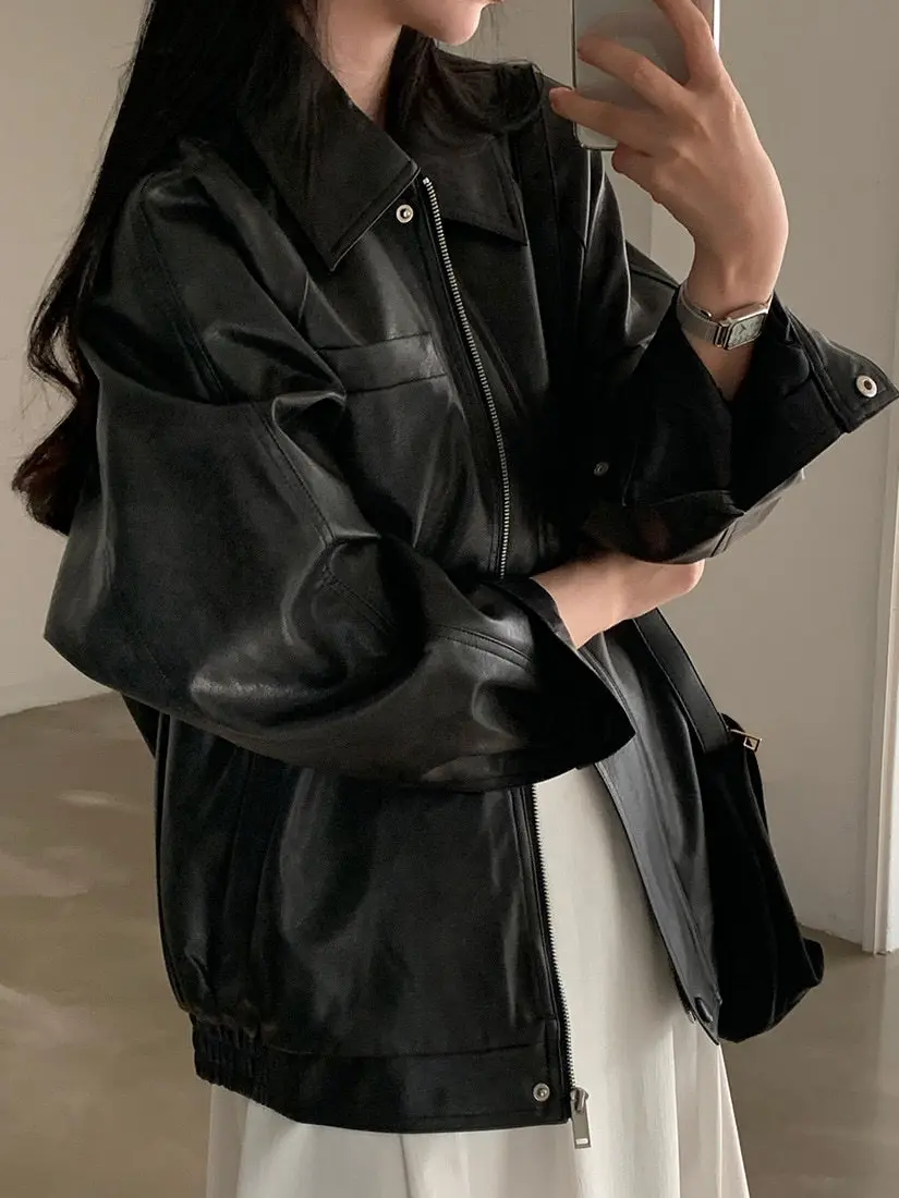 Sli PU Leather Jaet Women's Chic Retro Collar Loose Versatile BF Sle Motorcycle Clothes Trendy Long Sve Zipper