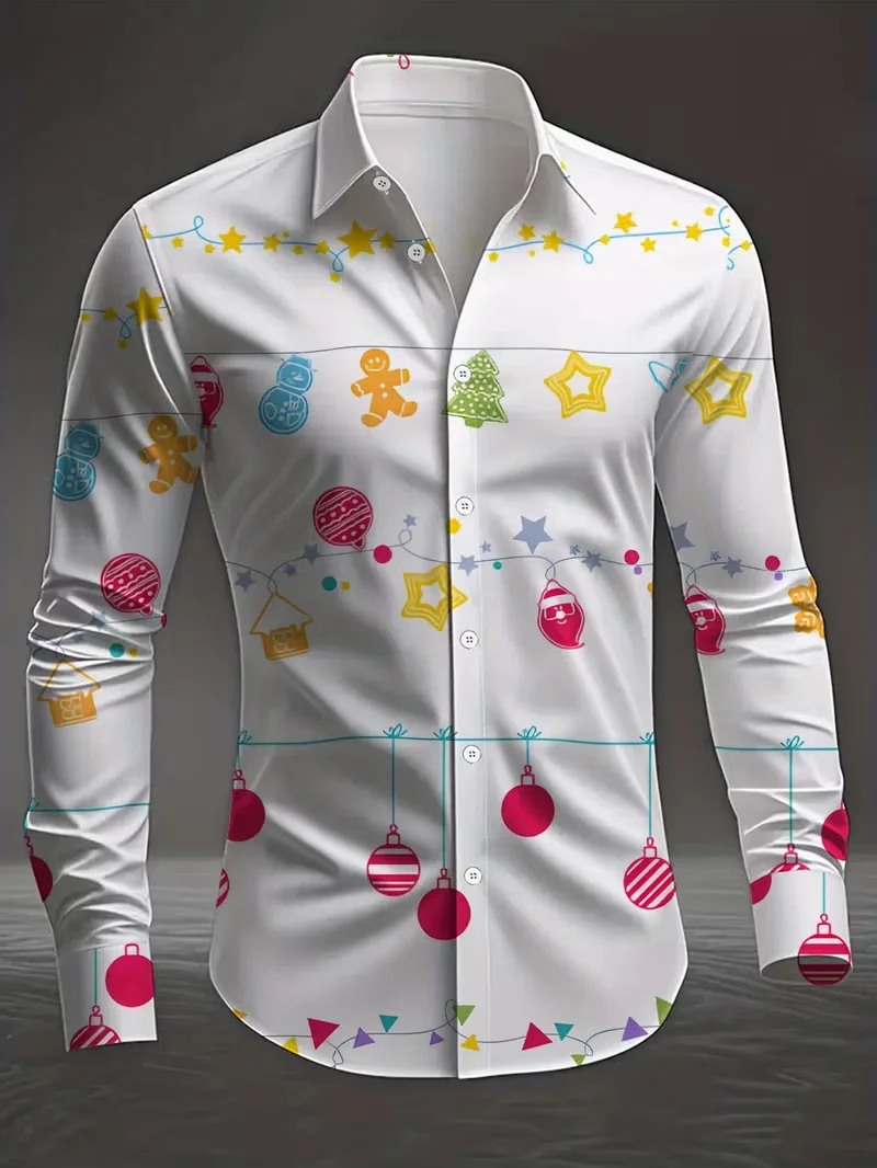 New men's fashionable long sleeved 3D lotus print button up shirt with floral and geometric casual elegance