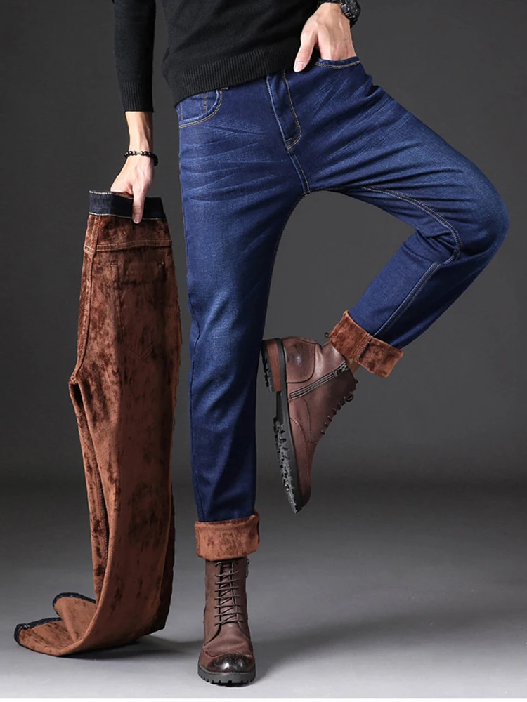 Winter Thick Plus Velvet Men Middle waist Skinny Jeans Simple Fleece Warm Slim fit Stretch boy Casual Denim Pencil Pants