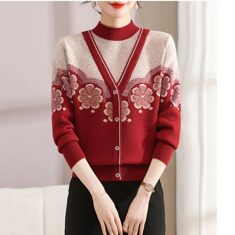 Pulls à fleurs épissés pour femmes, pulls décontractés, col mi-haut, manches longues, pulls avec diamants, vêtements à la mode, automne et hiver, nouveau