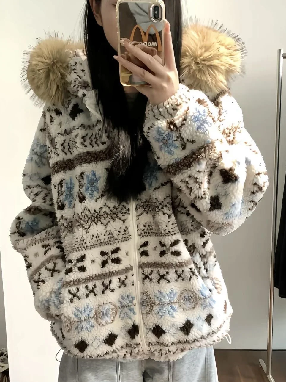 

Winter Thiened Cotton Hooded Jaet Women's Retro Large Fur Collar Loose Warm Cotton Coat Outerwear Faionable Casual