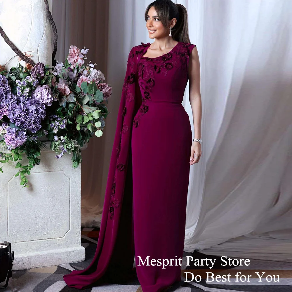 

Saudi Arabic Prom Dress for Woman One Shoulder Long Sleeve Cape Open Back Slit Sheath Purple Party Gown Custom Evening Dresses