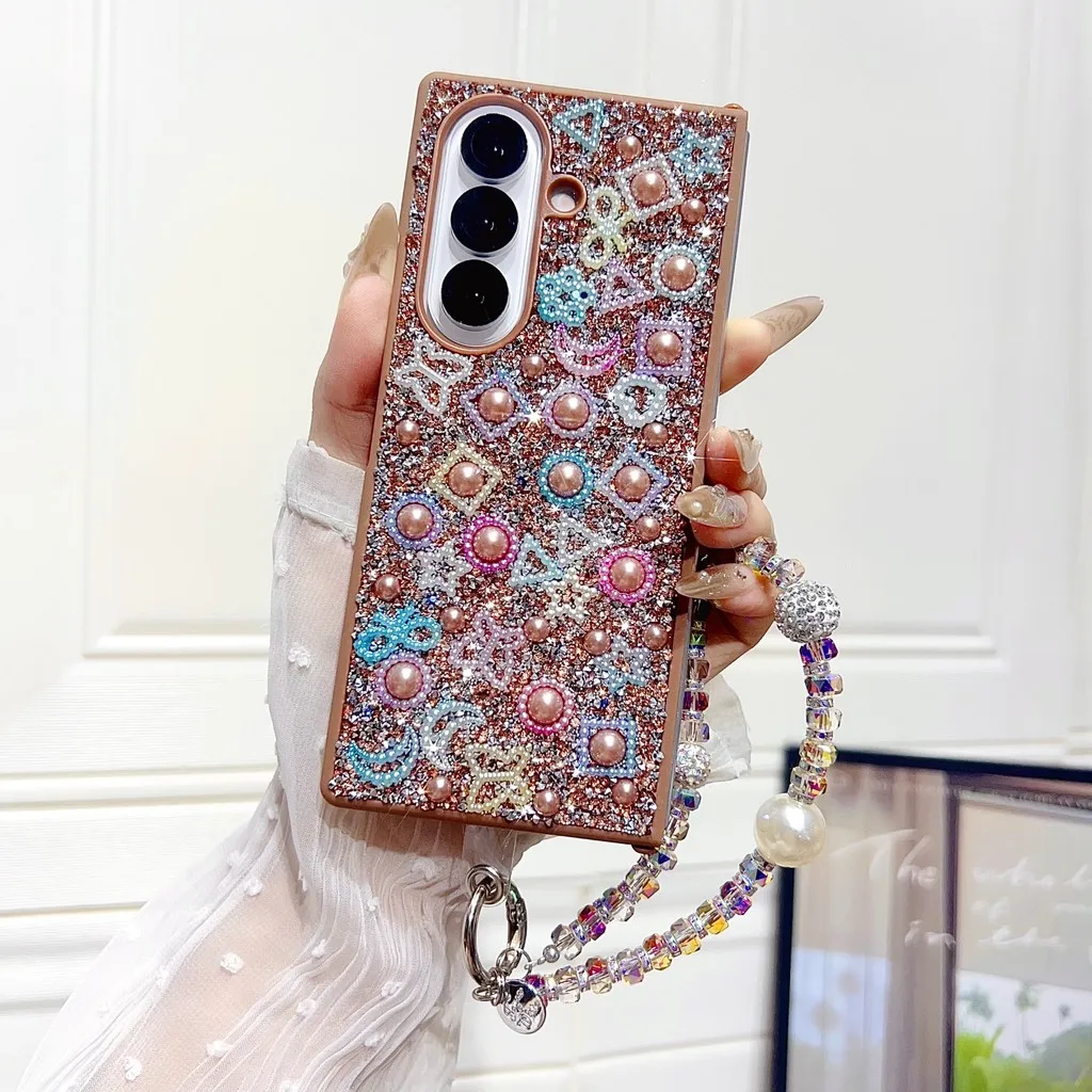 Shining Pearl Butterfly Hard PC Phone Case For Samsung Galaxy Z Fold 7 6 5 4 3 Fold7 5G Cover With Rhinestone Portable Bracelet