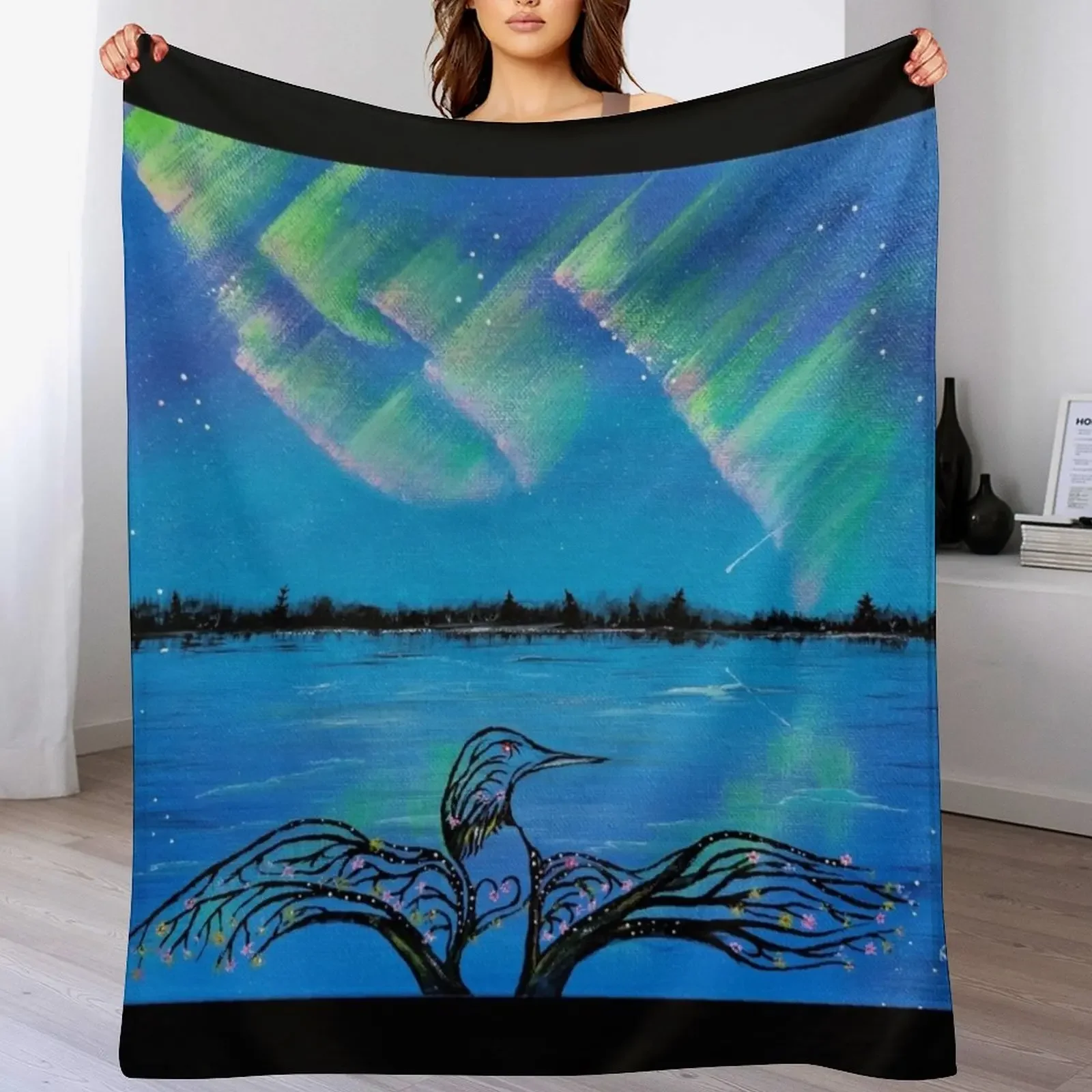 

Harmony Trees: Loon Branching into the Aurora Throw Blanket Luxury Throw Soft Plaid warm winter Blankets