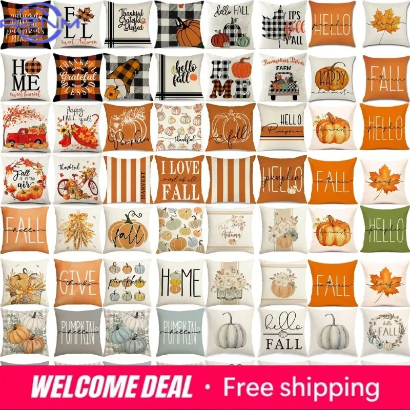 Home Decor Hello Fall and Pumpkin Themed Pillow Covers Pattern Cushion Cover Suitable for Sofa Bedroom Car Pillow Cover