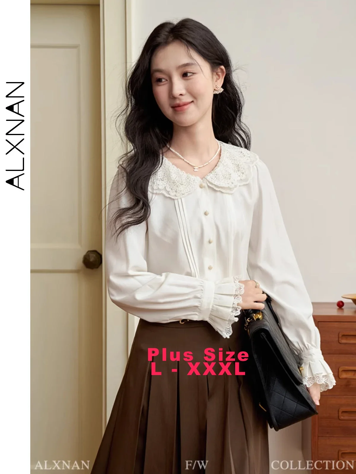 ALXNAN Women's Plus Size Shirts Crochet Lace Lapel Collar Patchwork Petal Sleeves Pearl Buttons Blouses Sold Separately D06508CS