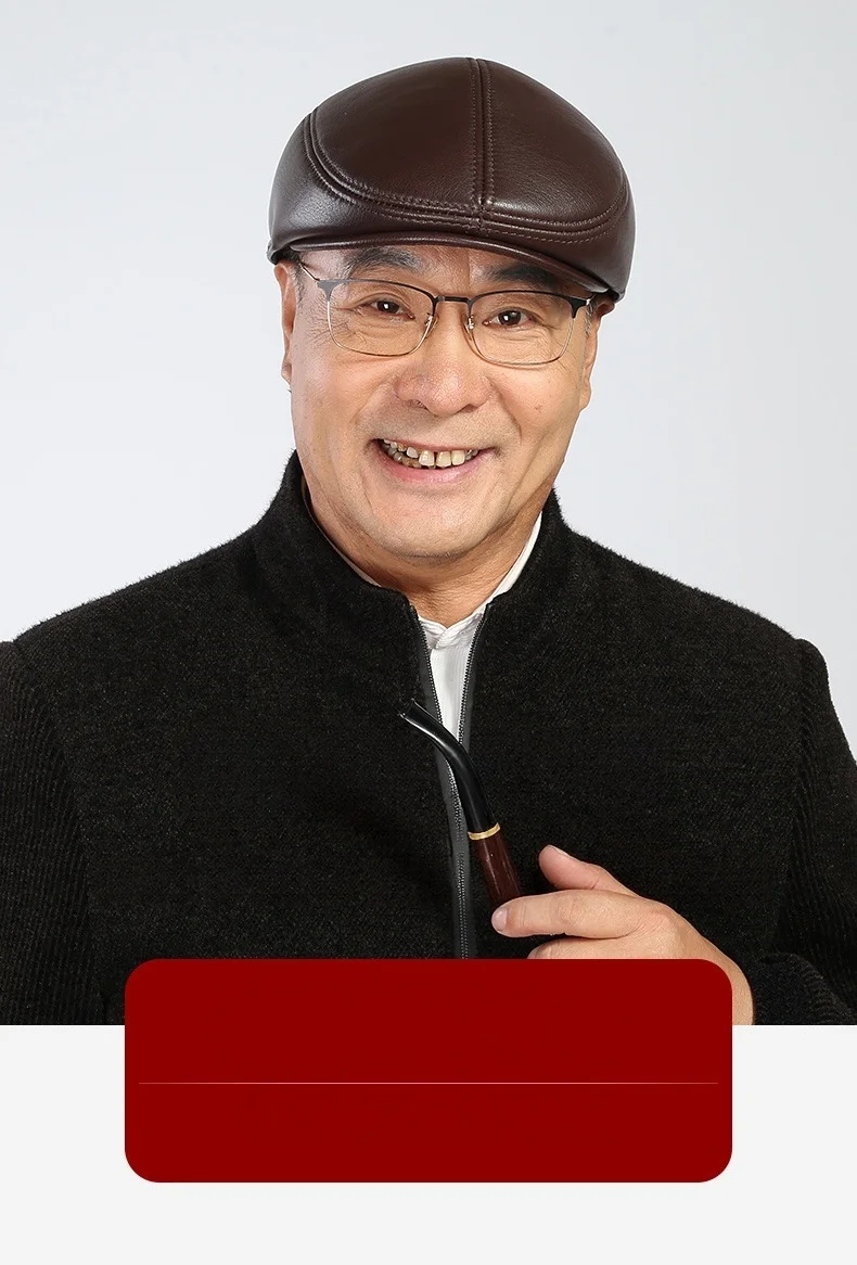 中高年男性向け秋冬用牛革ベレー帽：暖かいコットンハット、耳を覆う帽子、前向きのつば付き帽子