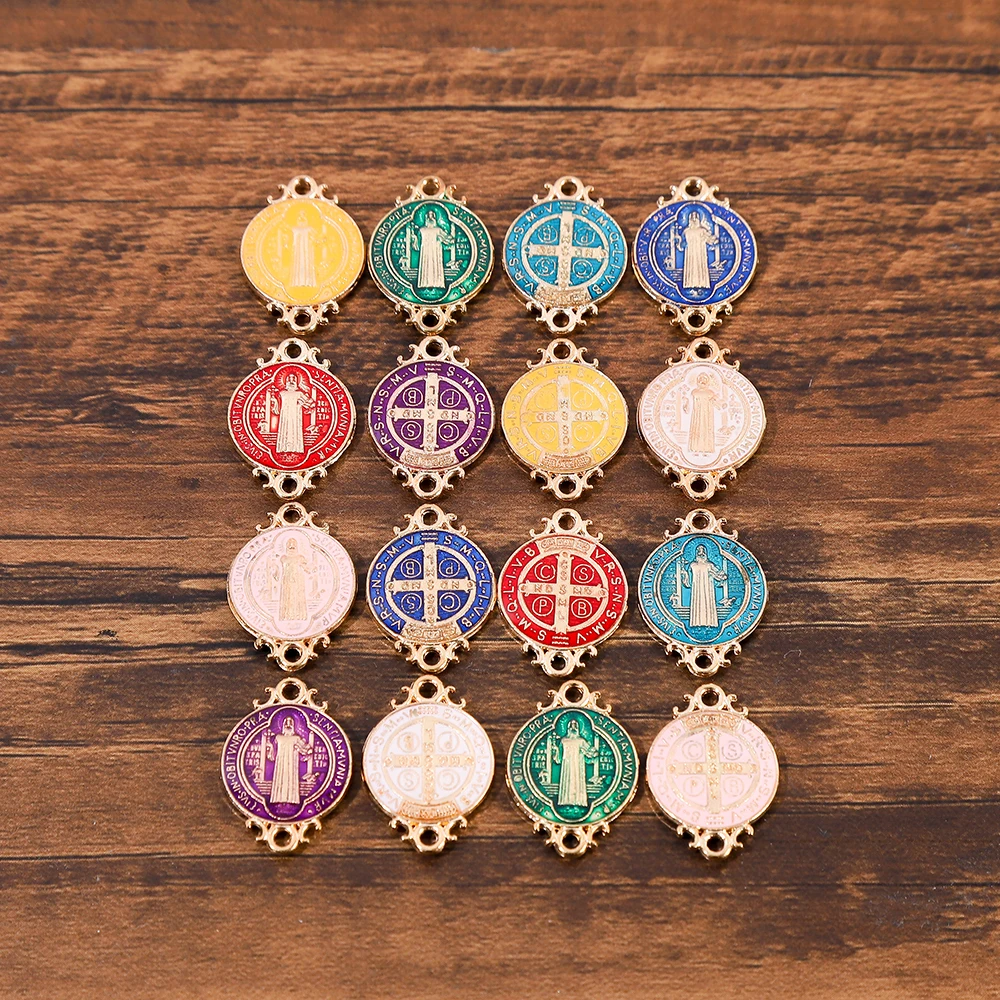 30Pcs  Fancy Mini Saint Benedict Double Sided  Pendants With 2 Vertical Holes Medalla San Benito