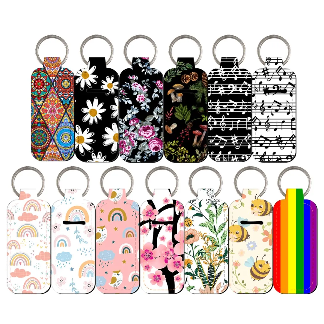 Rainbow Cherry Blossom Clip on Lipstick Holder Keychain Case Fashion Print Keyring Strap Trendy KeyChain Bag Travel Accessories