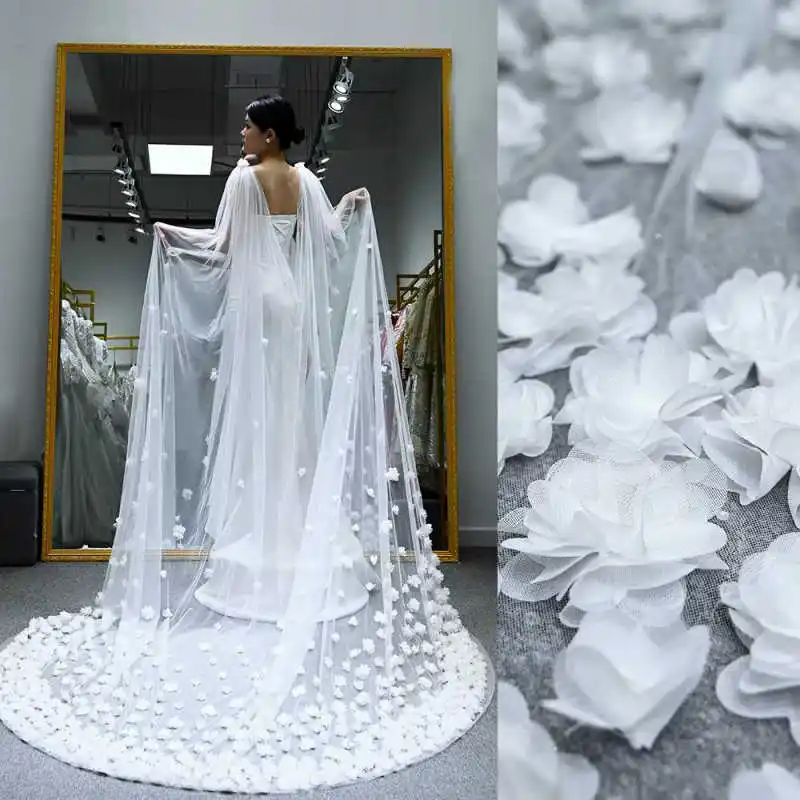 

Elegant Bridal Cape Veils Long Cathedral Style Handmade Flower Cape Women Off Shoulder Wedding Accessories Customized