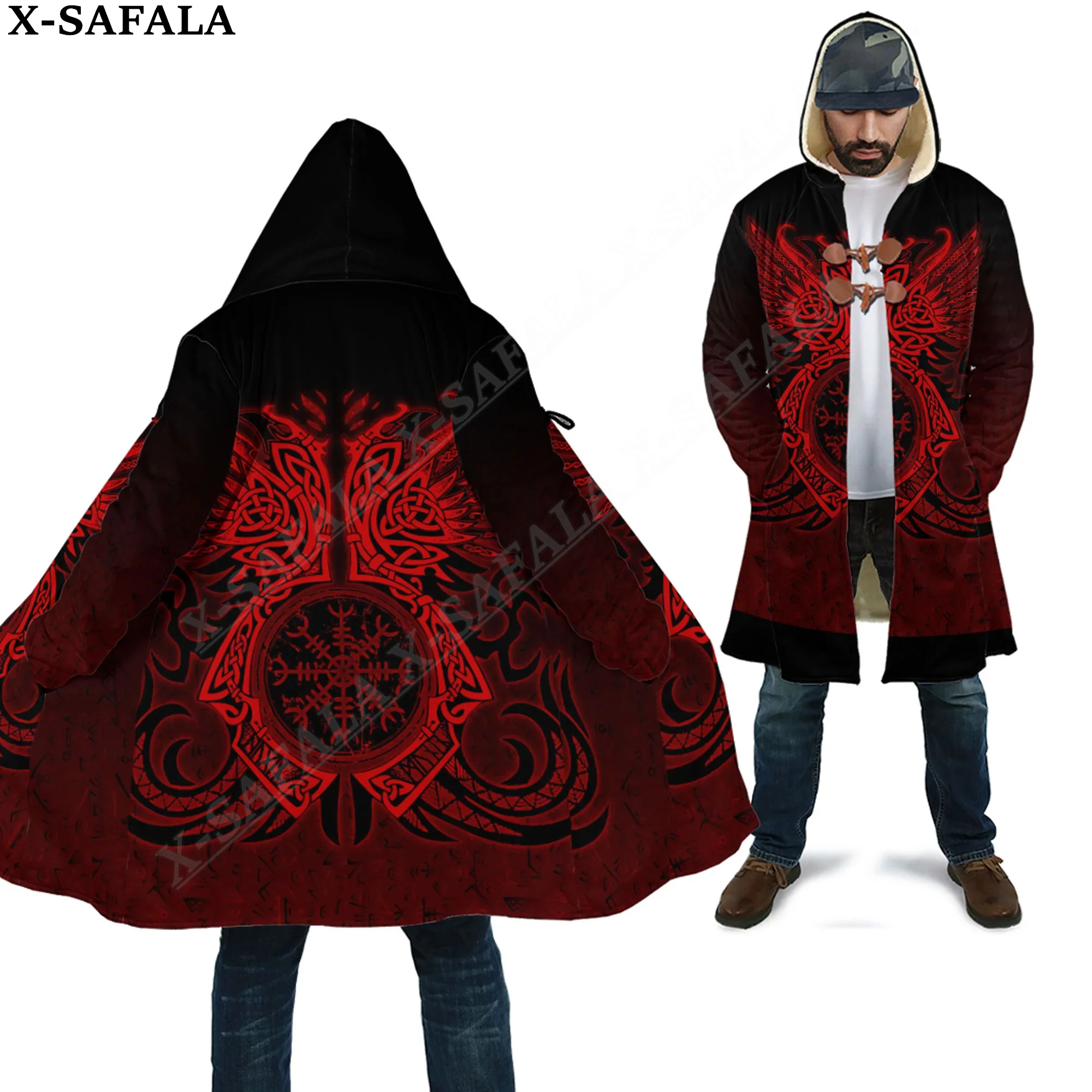 Raven Cletic Tree Tattoo Symbol Viking Odin Overcoat Coat 3D Print Thick Warm Hooded Cloak  Men Windproof Fleece Unisex-2