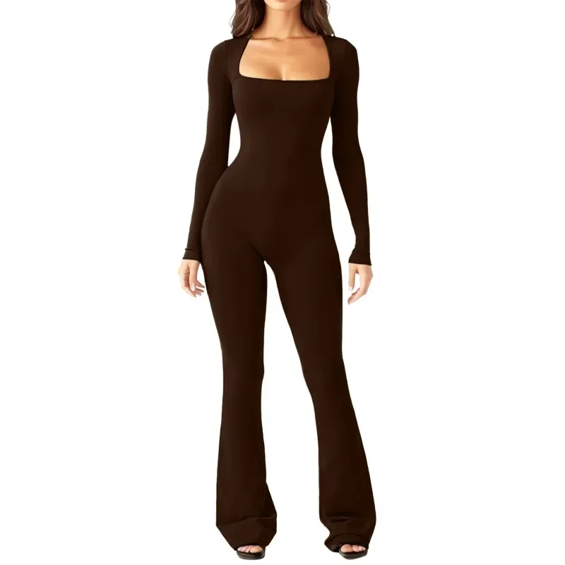 Herfst Lange Mouw Slanke Vierkante Hals Jumpsuit Vrouwen Casual Hoge Taille Sexy Rompertjes Mode Elastisch Kantoor Dames Playsuits 30066