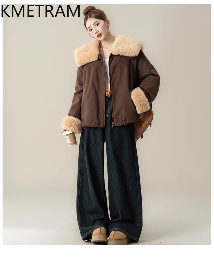 KMETRAM Abrigo de piel corto vintage y cálido con solapa de algodón 100% natural para damas en otoño e invierno 2025 зимняя куртка ж miscecud
