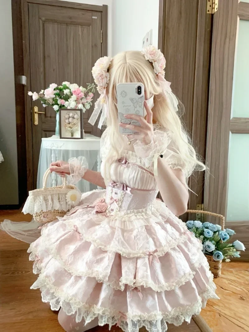 MAGOGO Sweet Ballet Style Lolita Strap Dresses Soft Girls Kawaii Bow Ruffles Doll Sense Princess Party Mini Dress Women Clothing