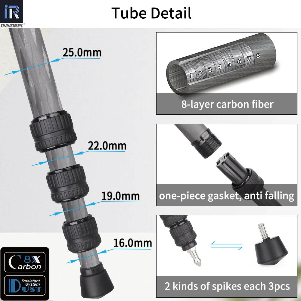 Carbon Fiber Tripod-INNOREL P254C Portable Compact Lightweight Travel Tripod & Monopod for Digital DSLR Camera Stand Load 12kg