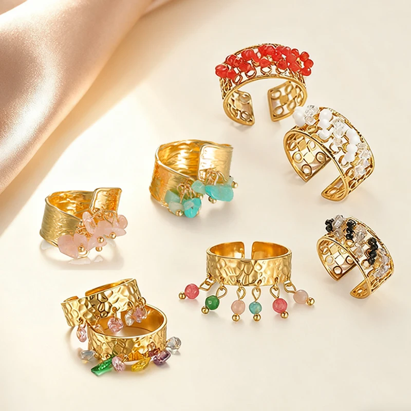 Nextvance Fashion Colored Natural Stone Charms Ring For Women Gold Plated Stainless Steel Opening Ring Daily Wear Jewelry Gifts