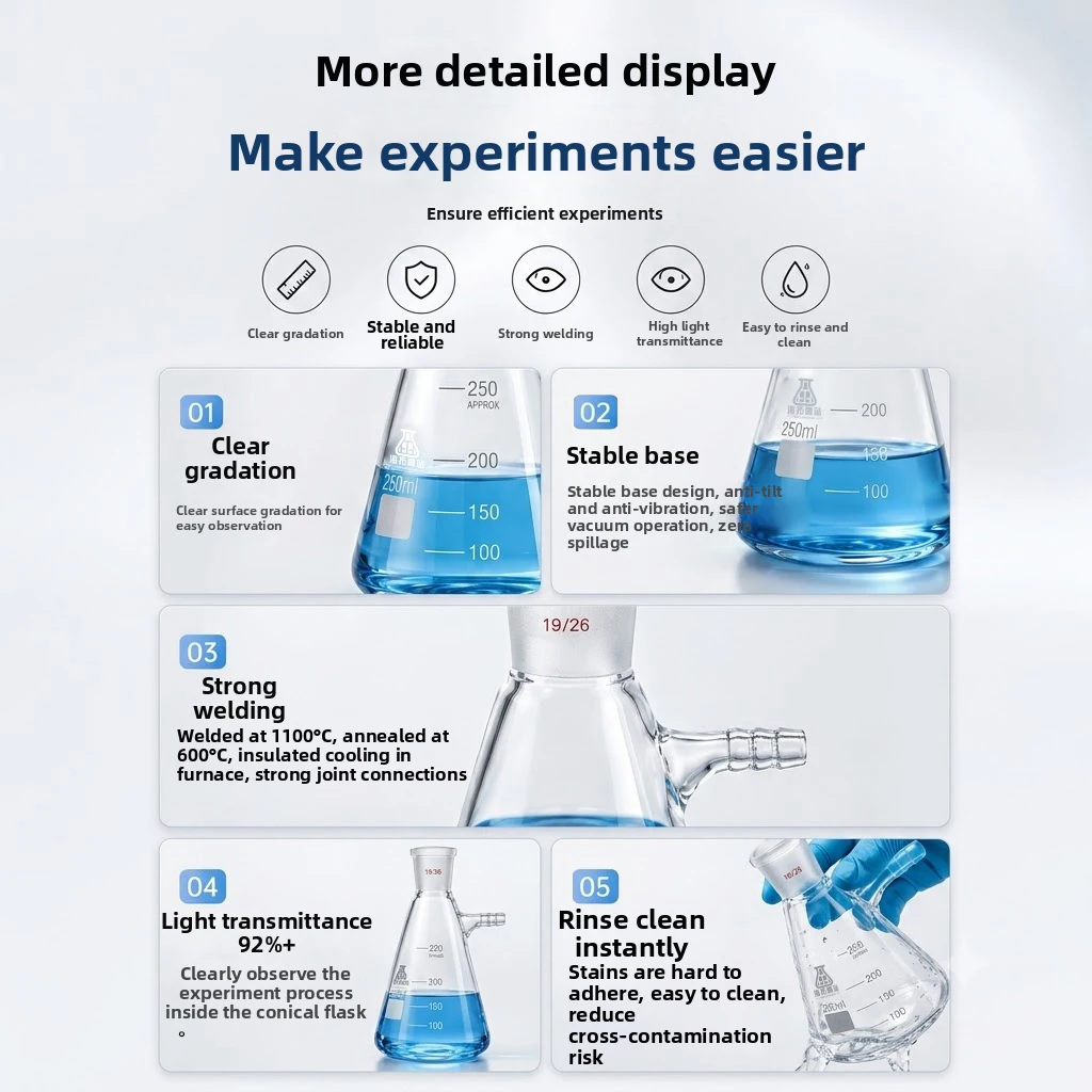 1 szt. 100ml 250ml 500ml Szklana kolba próżniowa z borokrzemianowego szkła z ustnikiem do mielenia, filtracji i odsysania, laboratoryjna butelka filtracyjna — zdjęcie produktu 2