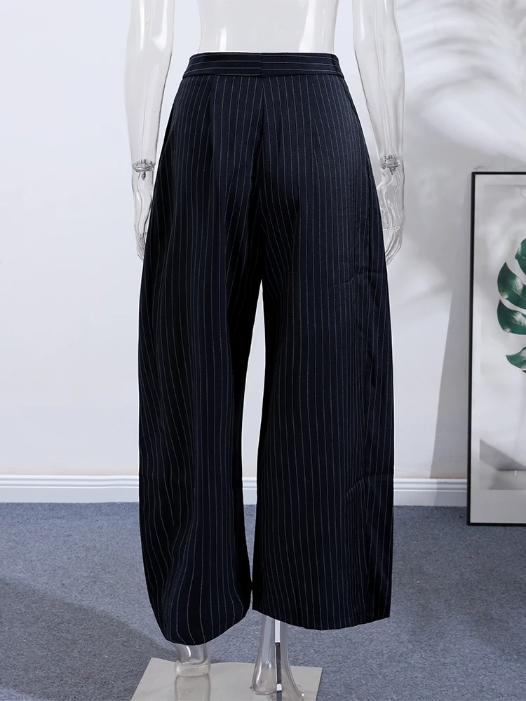 Verstellbare gestreifte Hose für Damen – Streetwear mit hoher Taille, Schnürung, weitem Bein und charmantem Panel-Design – Neu – Detail 20