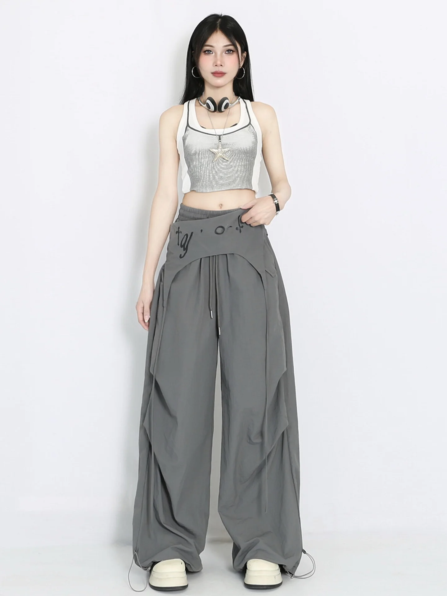 Americano retro high street calças de perna larga feminina solta rugas casual jazz dança calças camadas roupas calças compridas