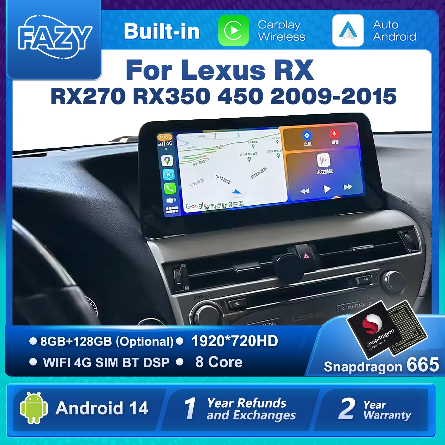 FAZY Pantalla Táctil Android 14 de 12.3 Pulgadas con CarPlay para Lexus RX RX270 RX350 450 2009-2015 Reproductor Multimedia para Auto con Navegación GPS
