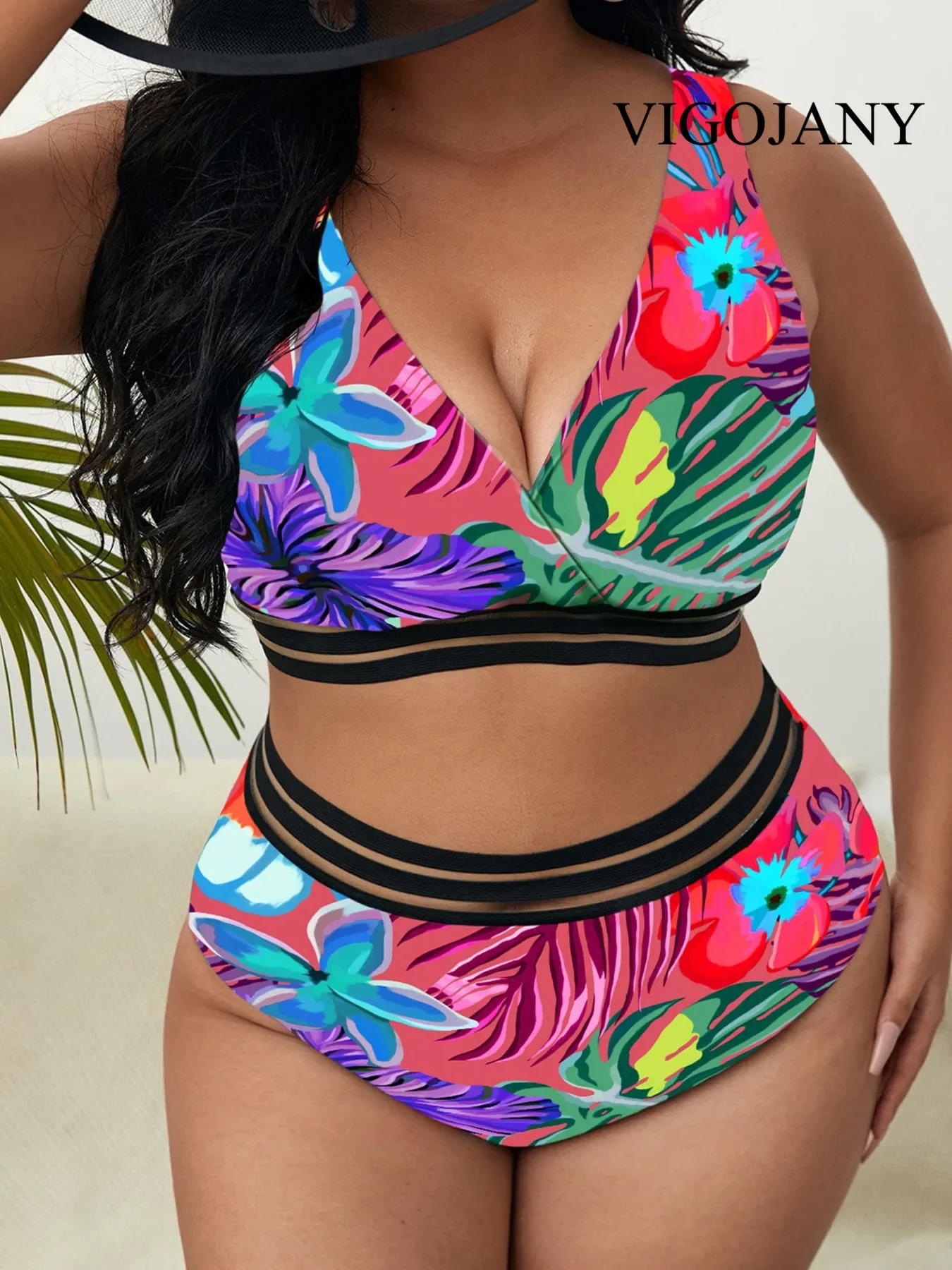 

VigoJany 2025 Large Floral Print Swimwear Women Plus Size V Neck Separate Swimsuit 2 Piece High Waist Bikini Set Bathing Suit