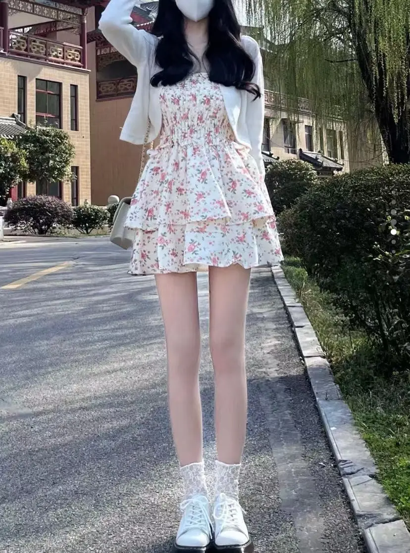 Two Piece Suit Floral Sweet Dress Women Casual Skinny Sexy Mini Dress Female Korean Fashion Ruffle Flounce Slim Strappy Party