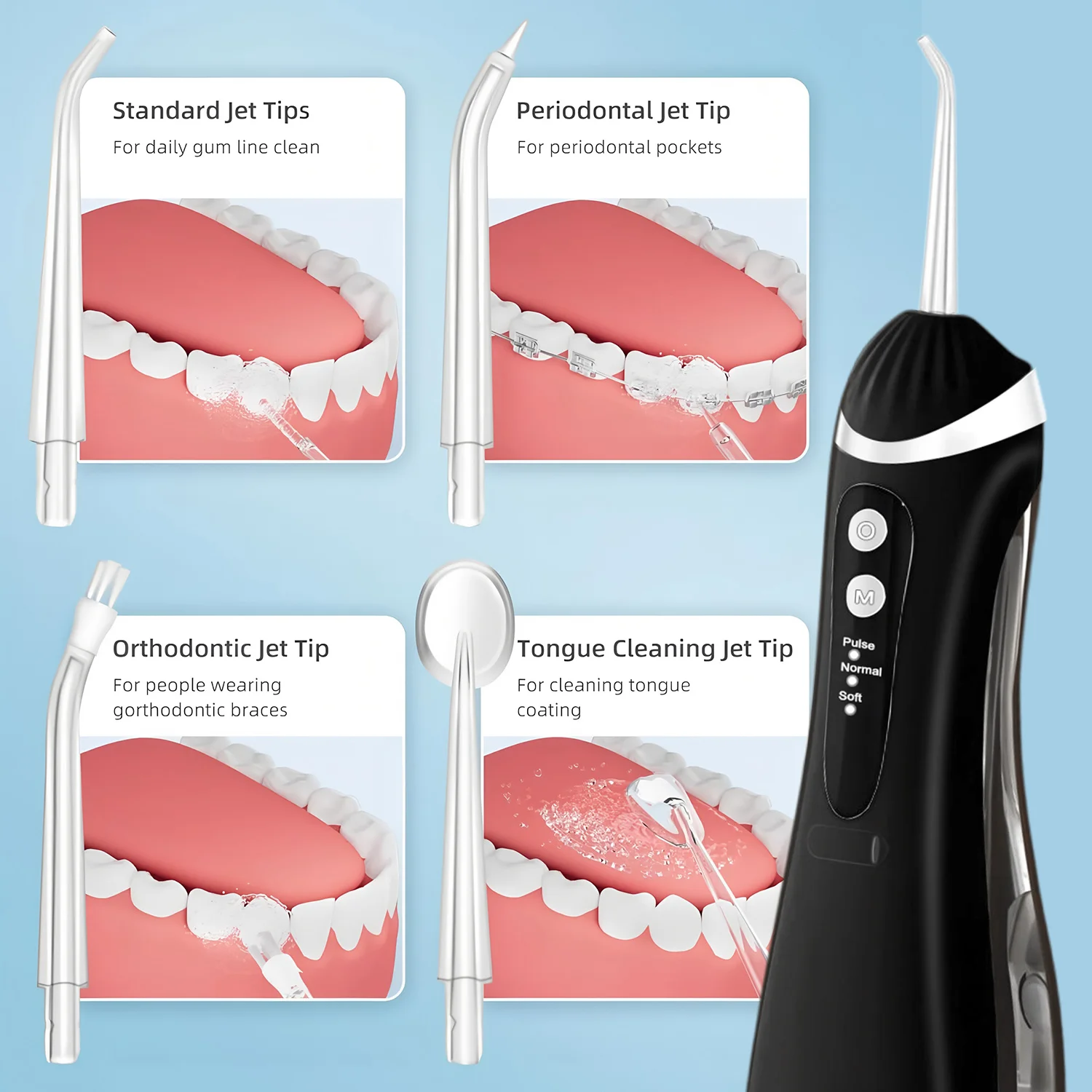 A16 Portable Cordless Water Flosser 3 Cleaning Modes Waterproof Rechargeable 4 Nozzles Dental Cleaner for Gum Health