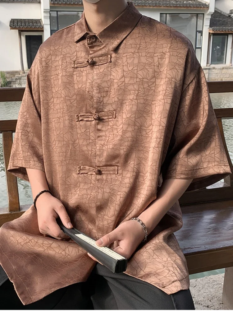 

Ice Silk Turtle Pattern Shirt Men's New Chinese Style Summer Thin Xiangyun Silk Upper Apparel Cool Feeling Loose Fit Button down