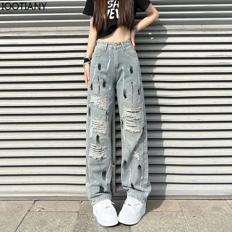 Women Summer Denim Long Pants Vintage Jeans High Waist Fashion Ripped Splash Ink Trouser Loose Straight Floor Mopping Streetwear