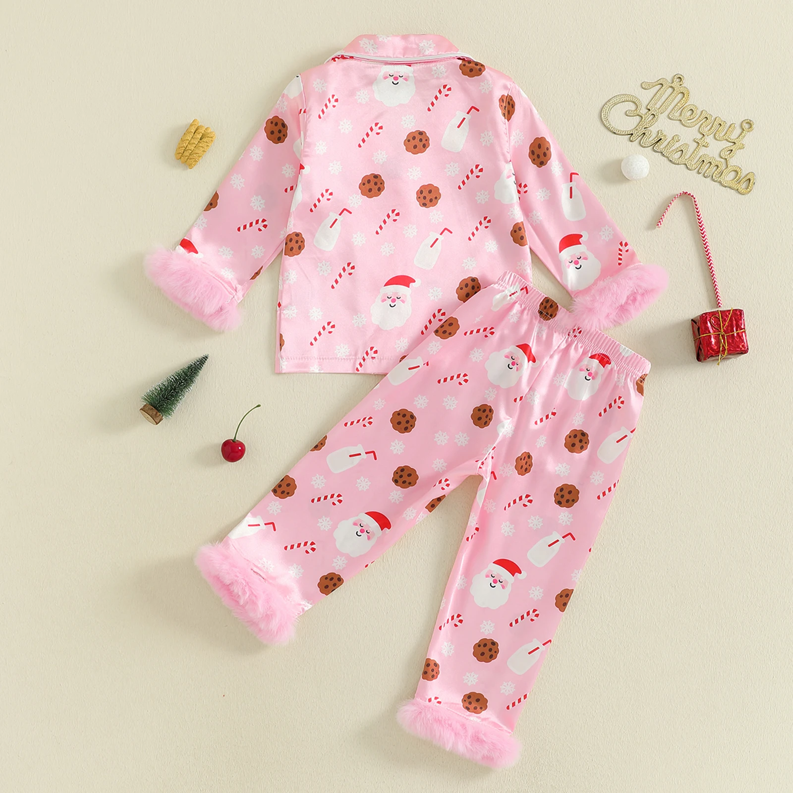 Kerstpyjama voor peutermeisjes Kerstman Melkprint Revers Lange mouw Button-down tops met broek Satijn Twee stukken nachtkleding
