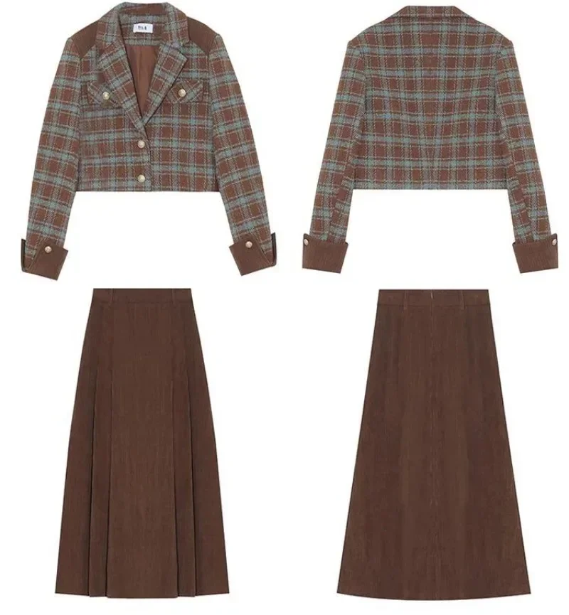 Retro Temperament Plaid Woolen Coat Pleated Skirt Two-piece Set Women Lapel Contrast Color College Sweet Thicken Winter Suit New