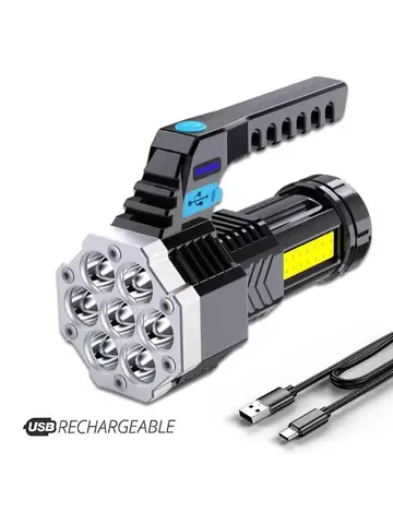 High Power Rechargeable Led Flashlights 7LED Camping Torch With Cob Side Light Lightweight Outdoor Lighting ABS Material