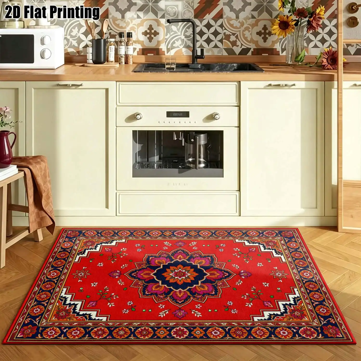 1Pc 2D Printed Carpet: Large Red Flower Clusters, Retro Ethnic Patterns Bohemian/European-Style, Machine Washable, Multi-Size, Ideal for Home Decor, Multi-Scene Use.