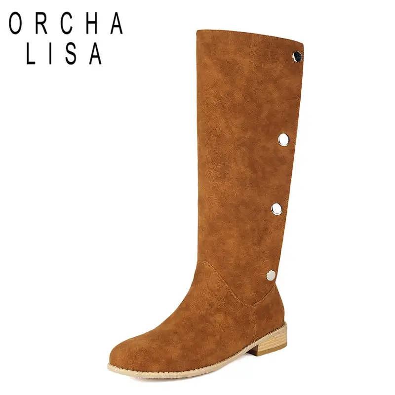 

ORCHA LISA 2025 Flock Suede Women Knee High Boots Round Toe Flats Buckles Double Wear Large Size 47 48 49 50 Fashion Daily Bota